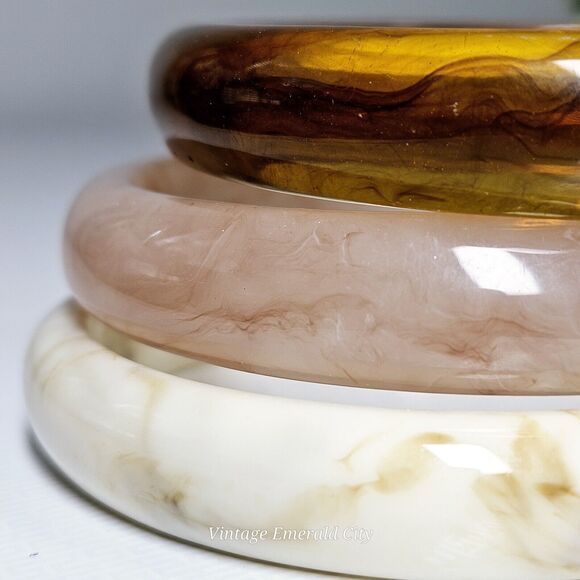 Cherry Tree Marble Swirl Bangles Pink Brown & White Bracelets Boho Set 3 Acrylic - Picture 10 of 10